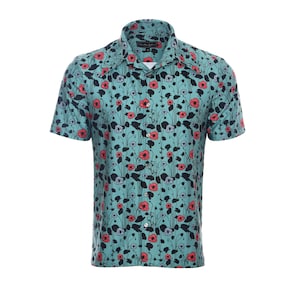Camisa vintage de manga corta con estampado floral de amapolas oscuras para hombre, años 70, con botones y estampado floral retro.