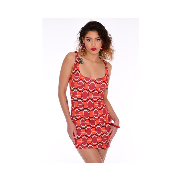 80s Red Orange Retro Print Mini Tank Dress | 60's Geometric Pattern Bodycon Dress