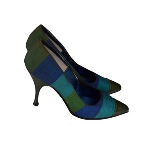 Vintage 1950s Herbert Levine Pumps | Retro 50s Blue Green Striped Silk Heels | Vtg Multi Colored Pointed Toe Stilettos | Size 6.5 AAA 6 1/2