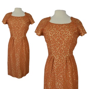 Vintage 1950s Brocade Cocktail Dress | Retro 50s Orange Satin Lace Wiggle Dress | Vintage Formal Pin Up Dress | Size Medium M