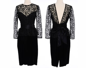 Vintage 1980's Gunne Sax Dress | 80s Black Velvet and Lace Cocktail Dress | Retro Formal Event Open Back Peplum Dress | Size Small S