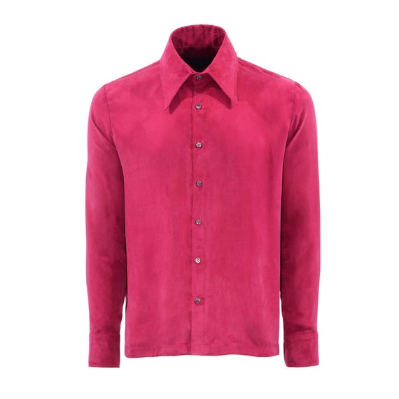 Luxurious Magenta Pink Cupro Mens Shirt | Sand Washed Rayon Blend | Silky Smooth Vintage Style