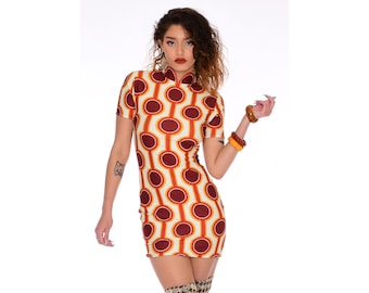 Vestido corto Cheongsam geométrico para mujer / Qipao ajustado / Estilo vintage de los 90