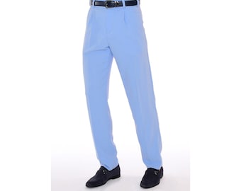 Mens Periwinkle Blue Slim Fit Stretch Dress Pants | Retro High Waist Pleated Trousers