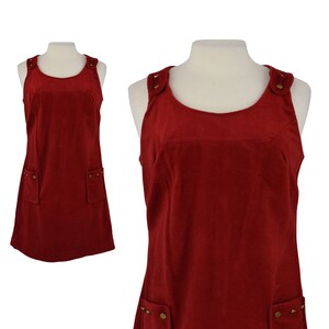 Vintage 1970s Velvet Mini Dress | Mod 70s Red Velveteen Sleeveless Dress | Retro Overall Valentine&#39;s Day Dress | Size Medium M Large L