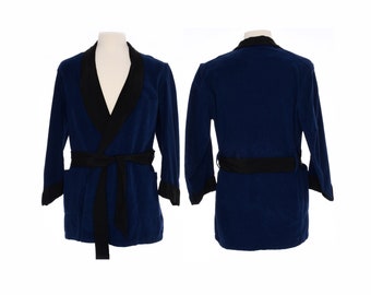 Vintage 1960's Suede Hefner Robe | 60's Blue and Black Blazer Jacket | Retro Playboy Style Fuzzy Robe with Waist Tie Belt | Size Large L