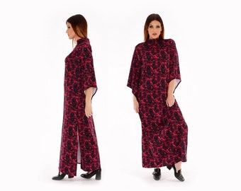 Floral Maxi Festival Dress | 1960's Mod Boho Mock Neck Bell Sleeve Side Slit Dress