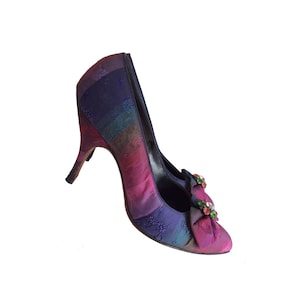 Vintage 1940s Silk High Heels | 40s Rare Designer Pink Blue Purple Stilettos | Retro Multicolored Floral Jeweled High Heels | Size 5 B