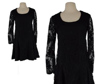 Vintage 1980s Satin Mini Dress | Retro 80s Black Lace Drop Waist Dress | Romantic Long Sleeve Cocktail Dress | Size Small S
