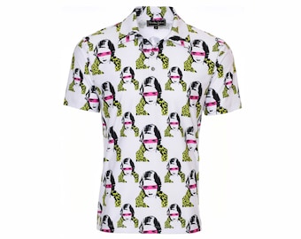 Men&#39;s Retro Old Hollywood Stretch Golf Polo Shirt with Unique Mod Pop Art Print