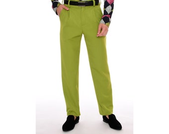 Mens Chartreuse Green Slim Fit Stretch Dress Pants | Retro Mod High Waist Suit Trousers