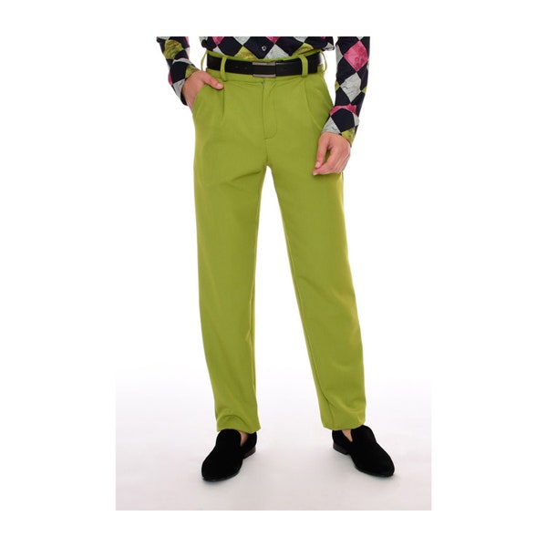 Mens Chartreuse Green Slim Fit Stretch Dress Pants | Retro Mod High Waist Suit Trousers