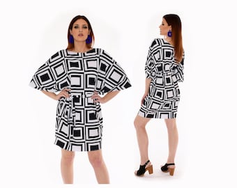 Vintage 1960s Inspired Black White Batwing Mini Dress Flowy Summer Mod Style