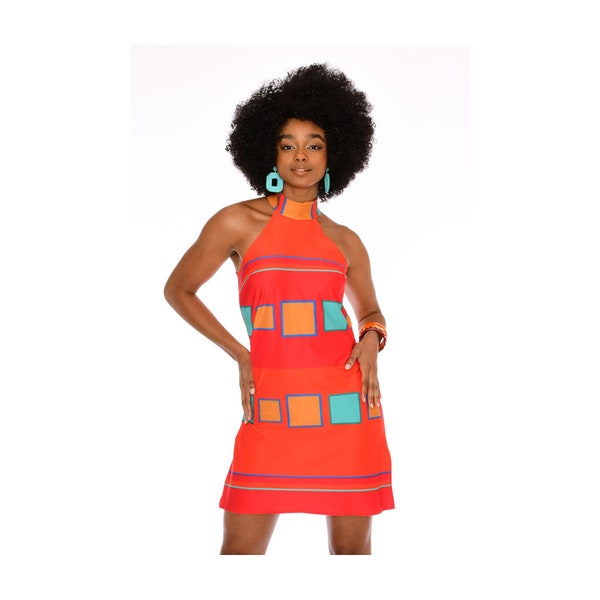 60s Orange Retro Geometric Sleeveless Shift Dress | Mod Mock Neck Mini Dress
