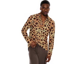 Mens Leopard Print Shirt Button Up Stretch Jersey  | Vintage Leopard Print Shirts |  Leopard Print Button Down Shirt |  XS S M L XL 2XL 3XL