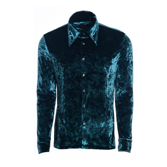 Retro Men's Peacock Blue Velvet Button-Down Shirt with 70s Collar and Long Sleeves Retro Men's Peacock Blue Velvet Button-Down Shirt with 70s Collar and Long Sleeves