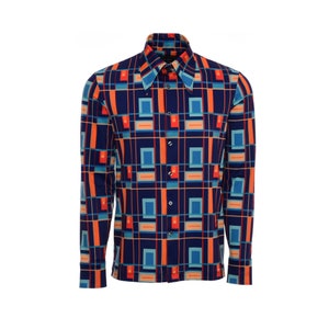 Vintage 70s Style Men&#39;s Slim Fit Button Down Geometric Print Shirt