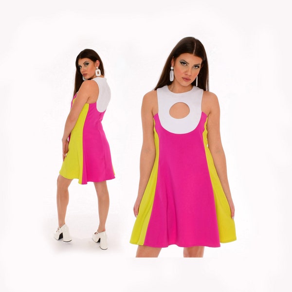 60's Gogo Dress | Space Age Pink Green Color Block Sleeveless A-line Keyhole Dress