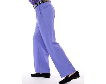 Mens 70s Lilac Blue Italian Wool Wide Leg Dress Pants | Mod High Waist Pleated Trousers