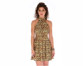 Leopard High Neck Mini Dress | Summer Small Animal Print Pleated Skirt Sleeveless Skater Dress