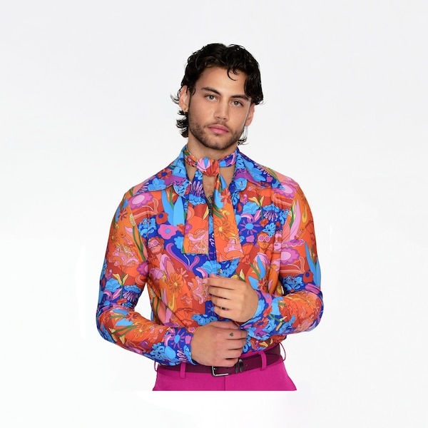 Mens 70s Colorful Vintage Dayglo Print Long Sleeve Shirt | Psychedelic Slim Fit Button Down Shirt