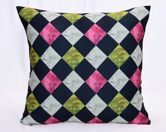 Elegant Black Argyle Rose Floral Lace Accent Throw Pillow Cover - Vintage-Inspired Home Decor