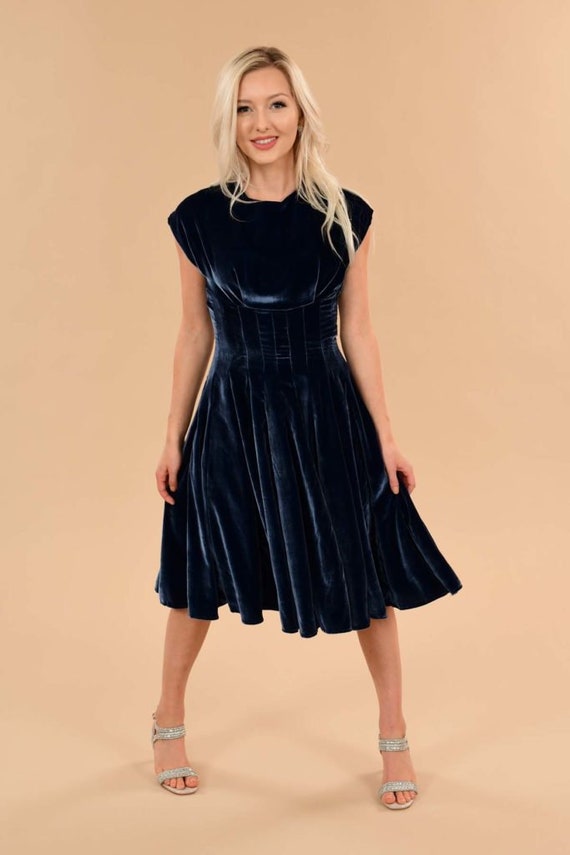 Blue Velvet Midi Fit and Flare Evening Gown for Fall Events