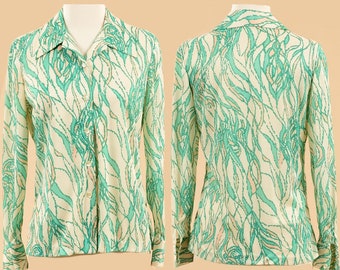 Blusa vintage de los años 70 con estampado abstracto / Camisa Sears con cuello mariposa, talla mediana
