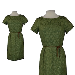 Vintage 1950s Rockabilly Pencil Dress | 50s Green Metallic Pinup Dress | Retro Floral Day Night Cocktail Dress | Size Small S