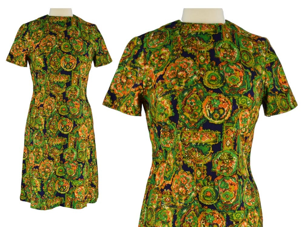 1960's vintage  psychedelic flower power print fit and flare dress  60's Mod scooter midi gogo dress  vintage mod flower power day dress