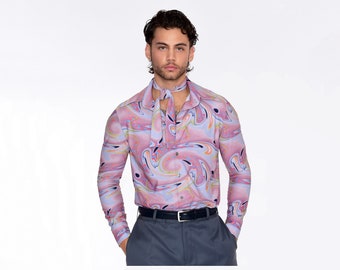 Mens 70s Multicolor Marble Swirl Print Long Sleeve Shirt | Vintage Style Collared Button Shirt