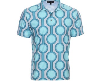 Men's Geometric Polo Shirt | Blue Retro Print | Vintage Style