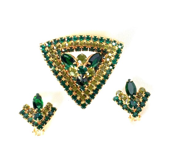 Mid Mod Brooch and Earrings/3 pc Green Atomic Bro… - image 1