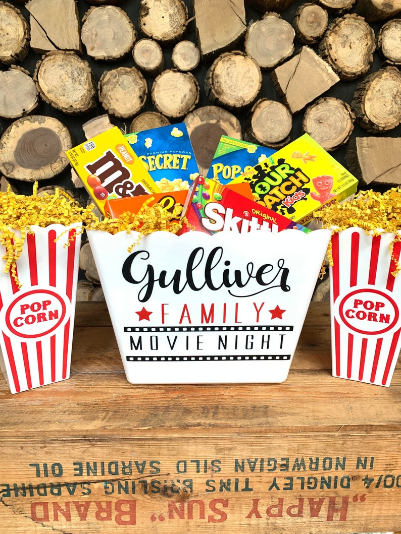 Personalized Family Gift Basket, Family Movie Night® Popcorn Tub, Movie Night Gift, Personalized Gift Ideas