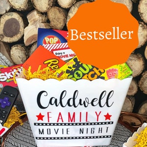 Personalized Family Gift Basket, Family Movie Night® Popcorn Tub, Movie Night Gift, Personalized Gift Ideas