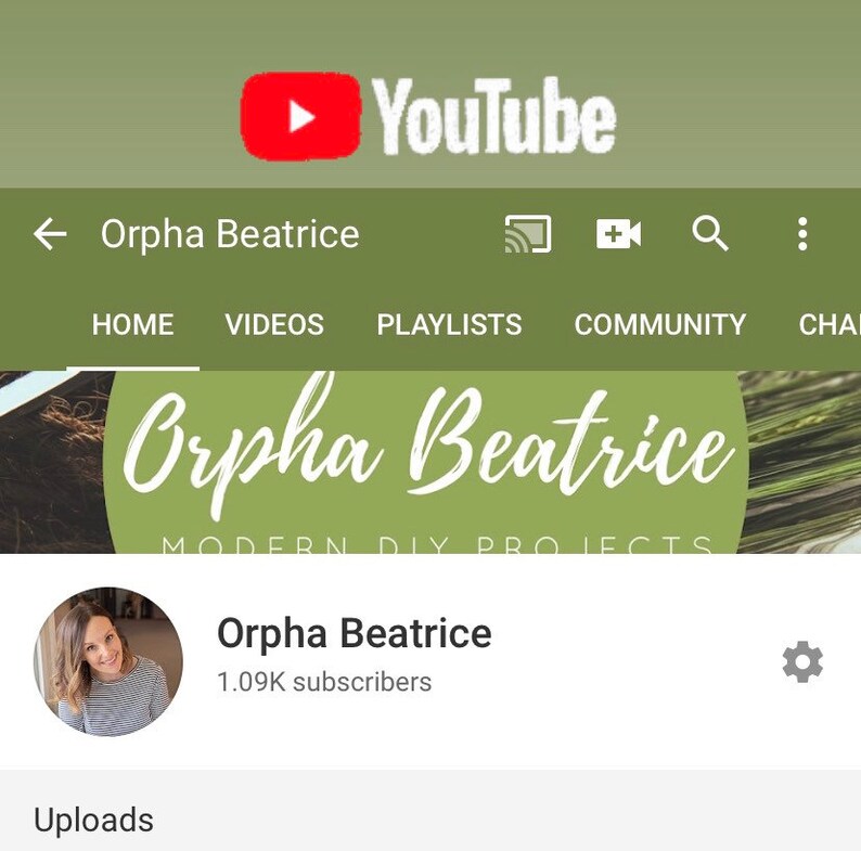 May include: A YouTube channel banner with a green background and the text "Orpha Beatrice Modern DIY Projects". The channel has 1.09K subscribers.