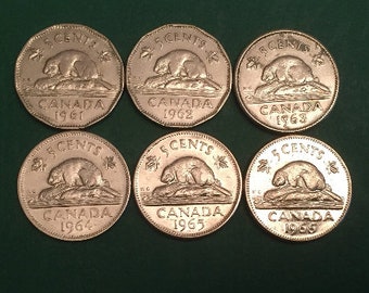 Canada Beaver Nickel Dated 1961 1962 1963 1964 1965 1966 6 x 5 Cents Circulated coins