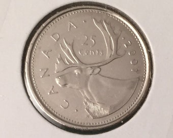 Canadian 2001 P Queen Elizabeth II 25 Cents Quarter Caribou Coin EF