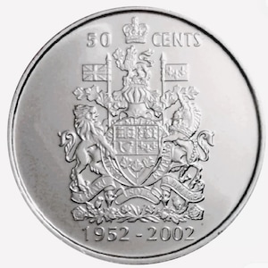 May include: A silver Canadian 50-cent coin with the Canadian coat of arms and the text "50 CENTS" and "1952-2002".