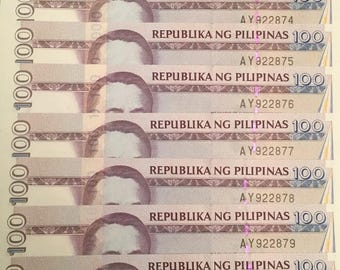 Philippines 100 Piso 2010 P 194b CUNC 10 Consicutive Bank Note Commemorative Bangko Sentral