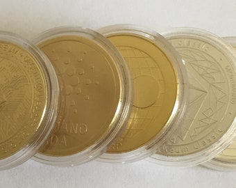 Ethereum (eth) Ethereum Clasic (etc) Cardano (ada) Ripple (xrp) Physical Crypto Coin Gold/Silver Plated 5pcs.