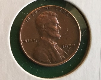 Rare coin 1957-D Lincoln Obverse 1 Cent Wheat Penny Liberty Filled ( B ) Error Coin and (L) on Rim Excellent Fine