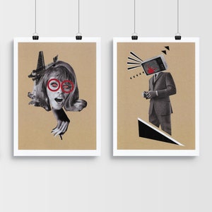 Die Sendung. Schreien. 2x A4 Drucke von Originalcollagen. Kunst Illustration Design Schruller Spaß Geschenk.