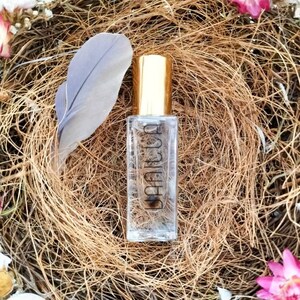 Op de afbeelding: Een heldere glazen fles met een gouden dop en een zwart label met de tekst "Dahlia" ligt genesteld in een bruin nest van gedroogd gras en bloemen.