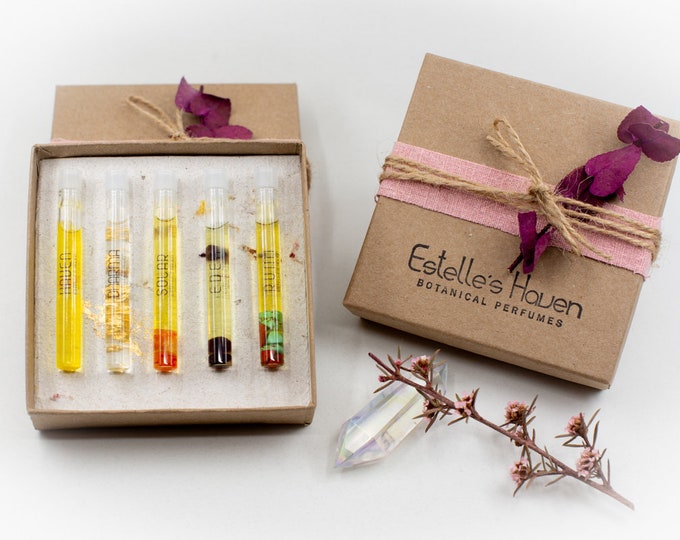 Natural organic botanical perfumes | SAMPLE SET | Crystal infused botanical fragrances | Boho gift | Perfume samples set