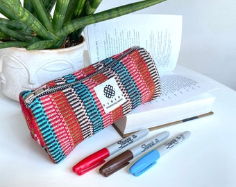 Red Pattern Pencil Case Boho Textile Storage Painting Brush Back to School Gift Stationary Give Education Charity Made in Nepal