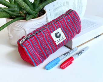 Red and Blue Pencil Case Boho Textile Brushes Storage Painting Brush Back to School Gift Stationary Give Education Charity Made in Nepal