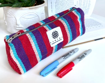 Red and Blue Stripes Pencil Case Boho Textile Storage Painting Brush Back to School Gift Stationary Give Education Charity Made in Nepal