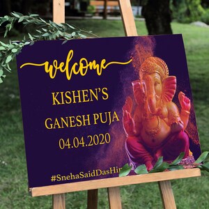 Indian Graha shanti ceremony, Welcome sign, Ganesh puja sign, Indian wedding sign, Indian wedding decor