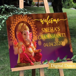 Indian Graha shanti ceremony, Welcome sign, Ganesh puja sign, Indian wedding sign, Indian wedding decor
